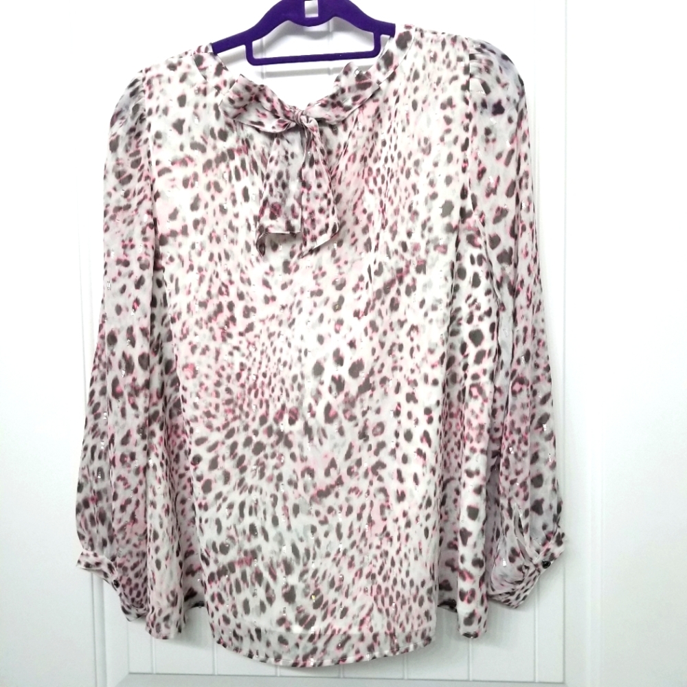 Talbots XLp Pink Silver Animal Print Blouse with Bow Back